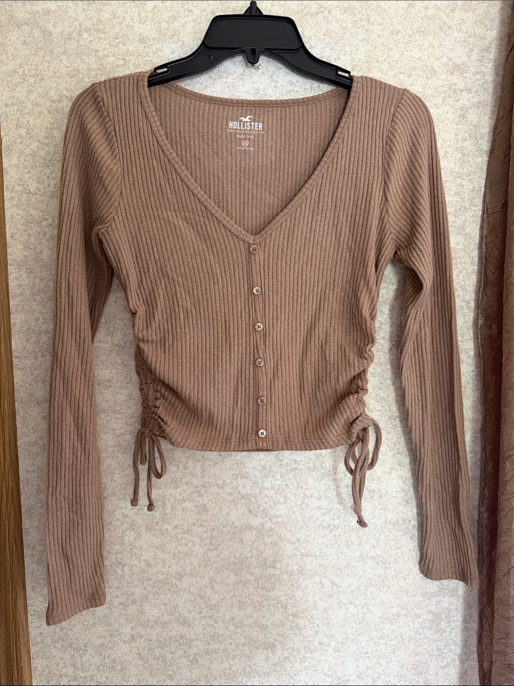 Hollister Brown Ribbed V-Neck Button Front Long Sleeve Top Size XS